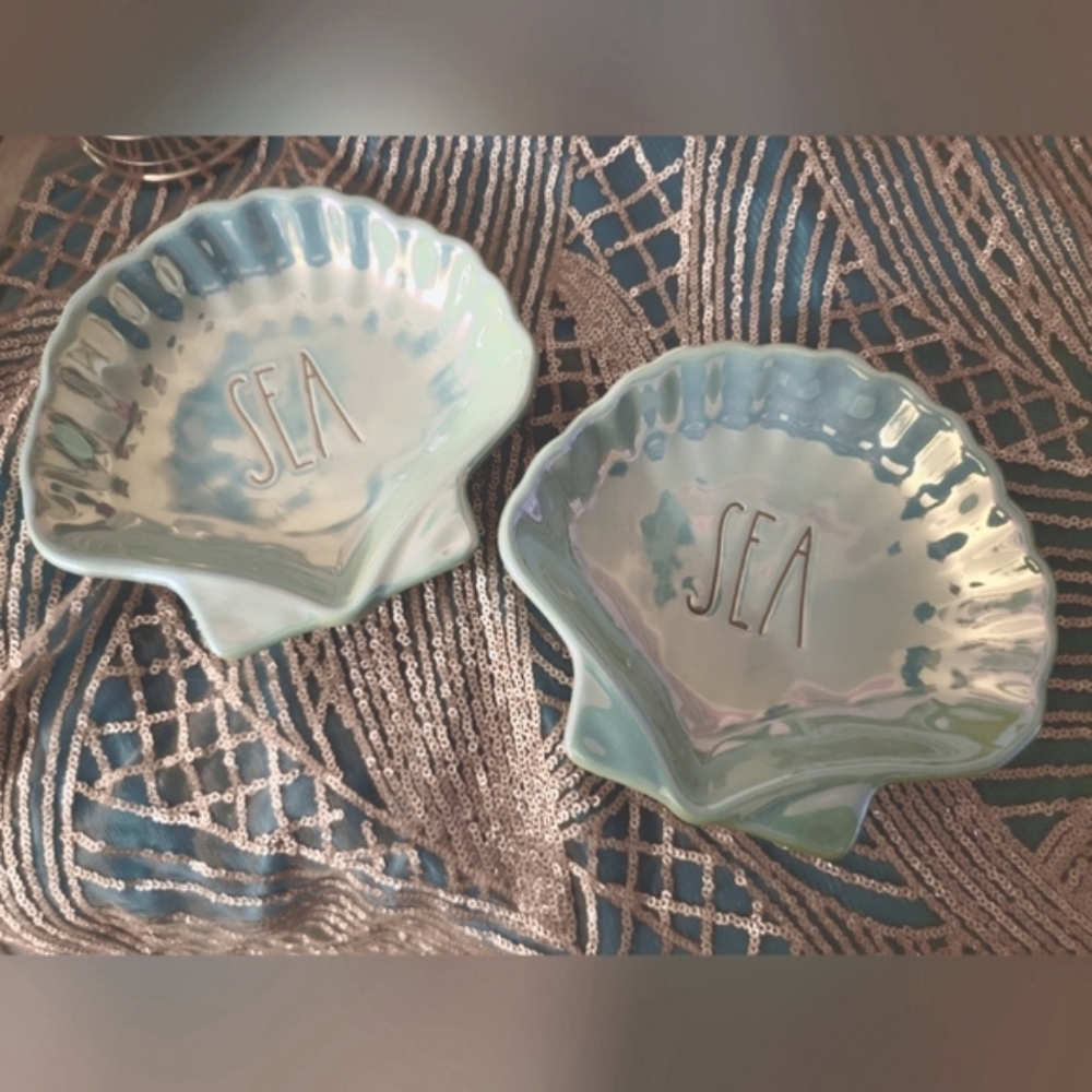 Rae Dunn small 'Sea' shell iridescent blue dishes. Set of 2.